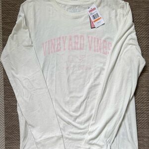 Vineyard Vines Cream Long Sleeve Tee with Pink Logo
